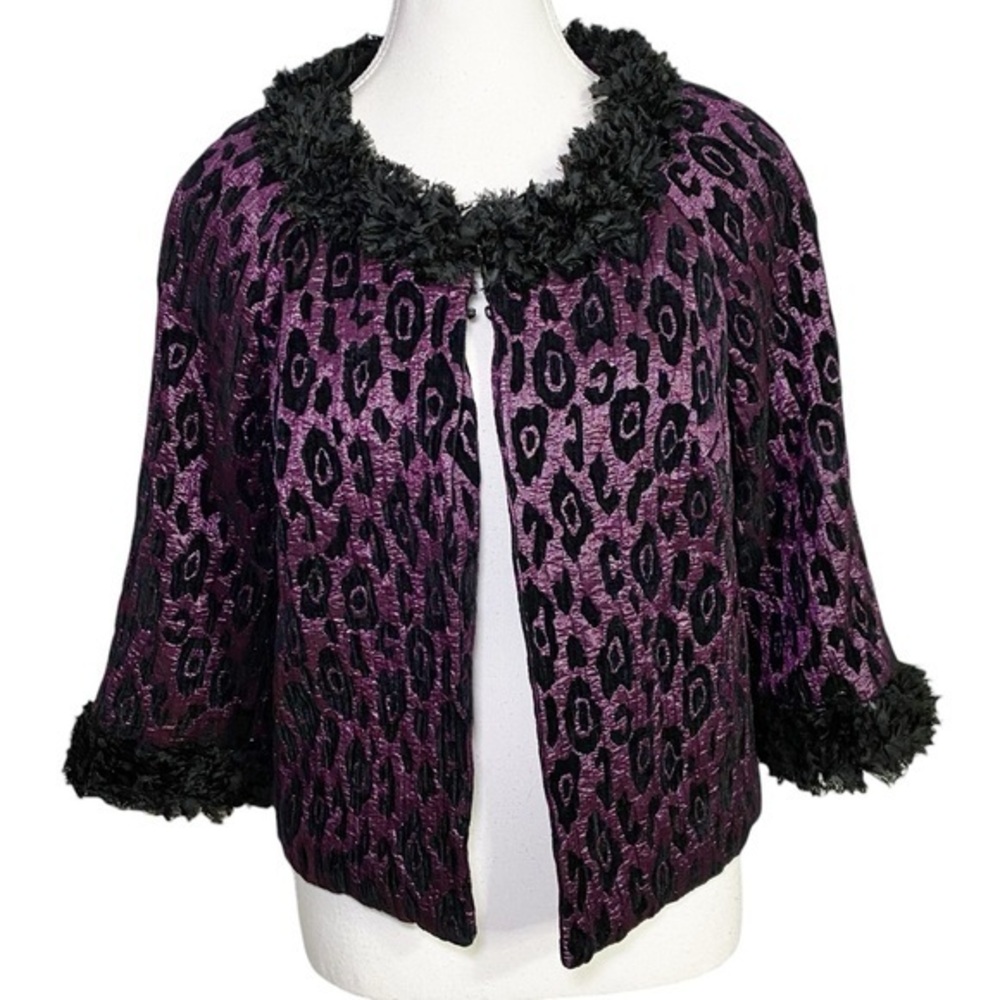 Lavender & Honey Women's Purple and Black Leopard Print Cropped Jacket
